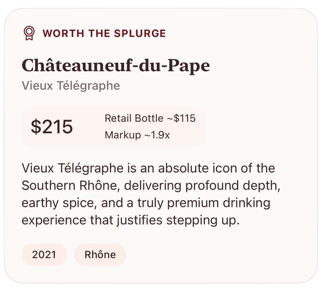 CorkWise Worth the Splurge recommendation card for Chateauneuf-du-Pape